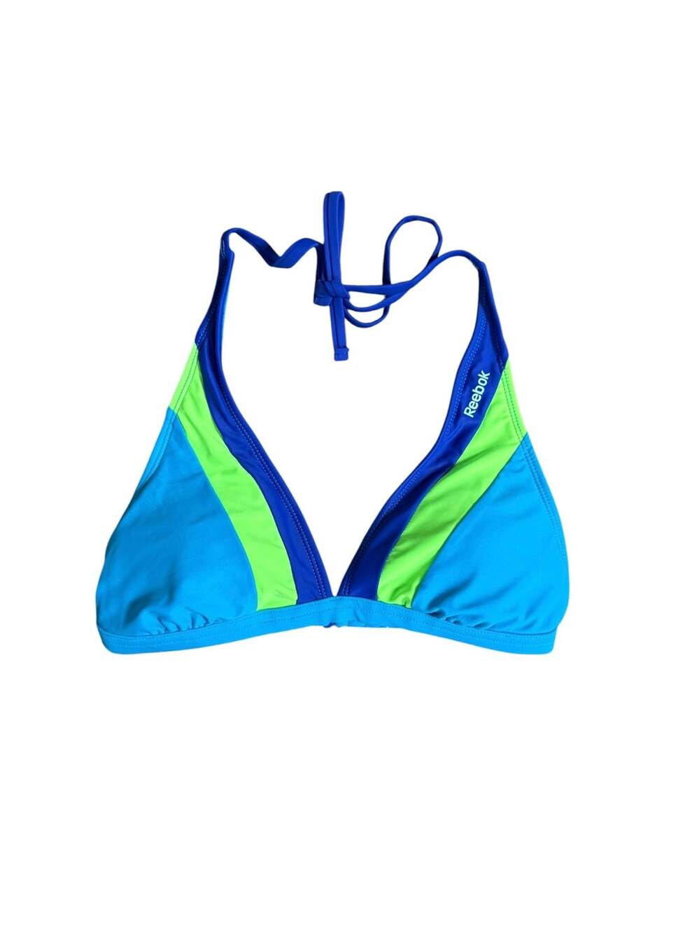 Reebok Colorblock Halter Triangle Bikini Top in Blue and Lime Green S